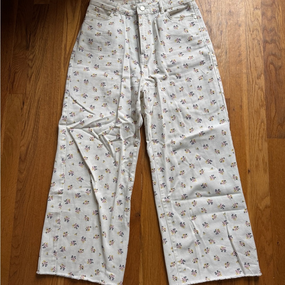Floral Wide Leg Jeans - Cream